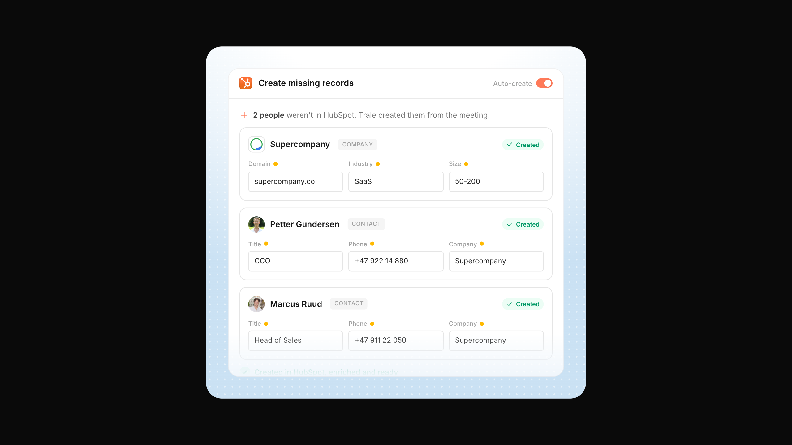 Trale erstellt fehlende HubSpot-Kontakte und -Unternehmen aus einem Meeting heraus, ergänzt um weitere Details