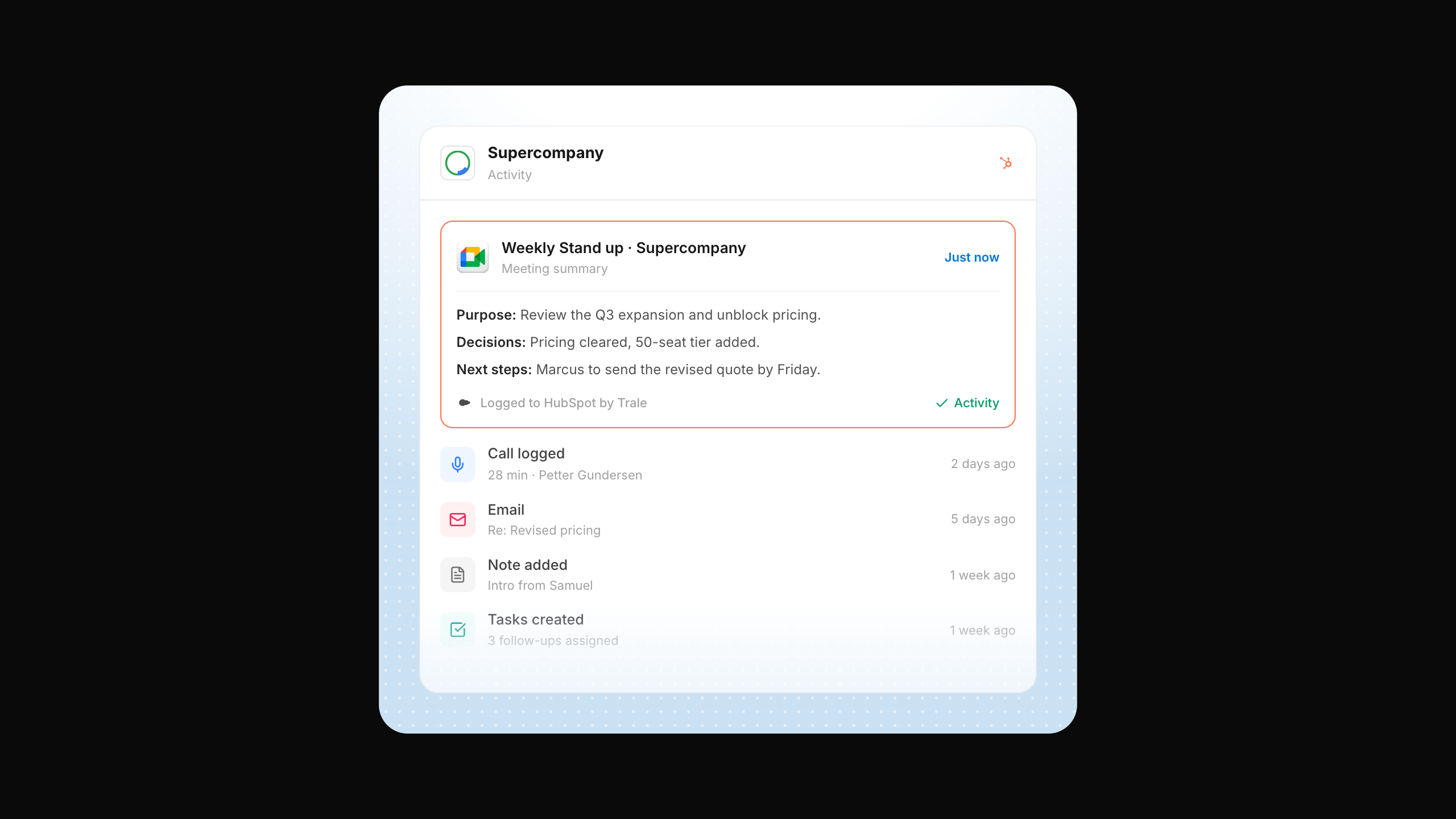 HubSpot-Aktivitätszeitleiste mit der Zusammenfassung des Meetings, den nächsten Schritten und den von Trale erstellten Aufgaben