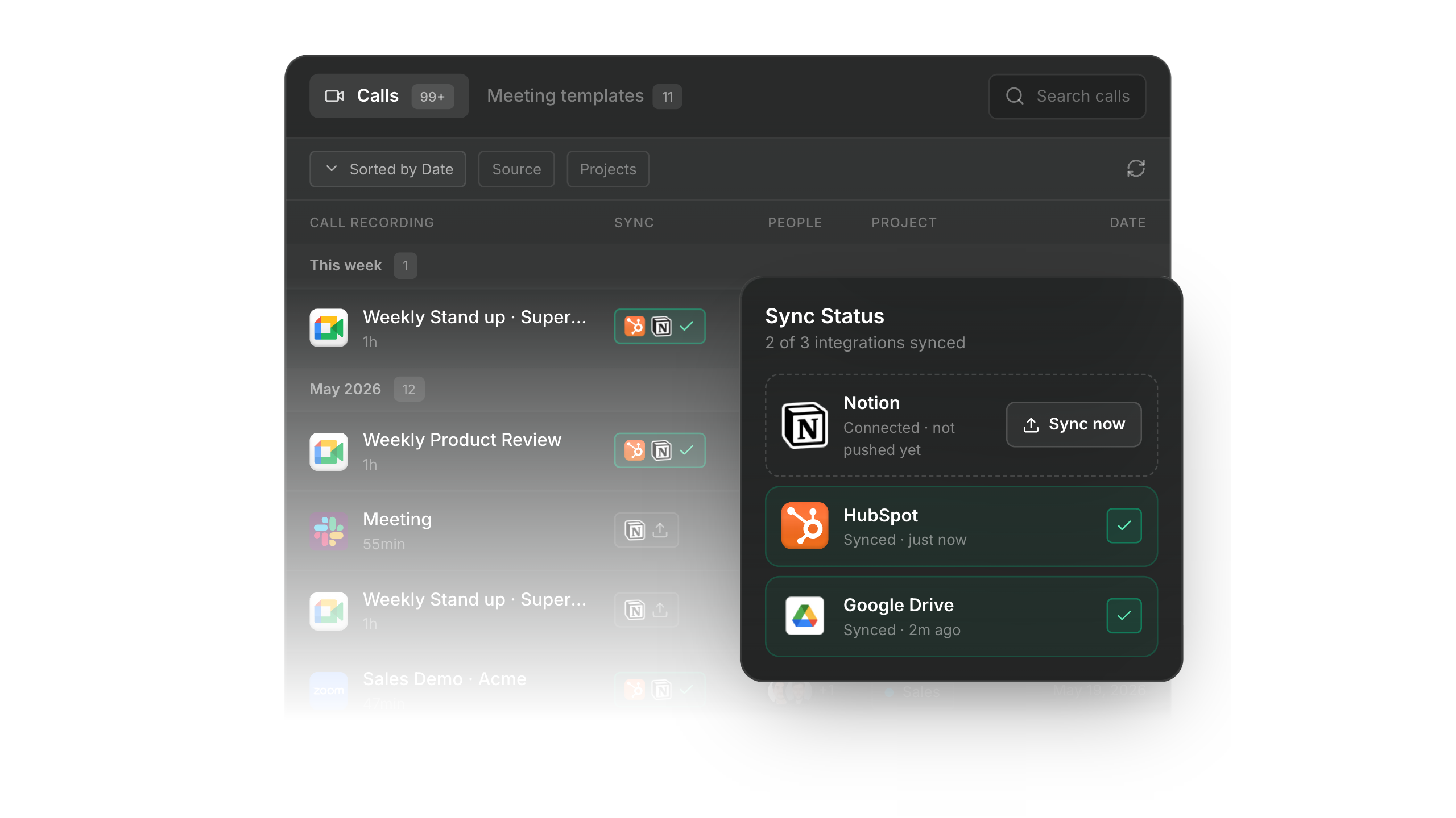 Trale-Anrufliste mit allen mit HubSpot synchronisierten Besprechungen